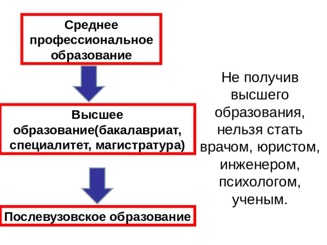 Среднее профессиональное образование Не получив высшего образования, нельзя стать врачом, юристом, инженером, психологом, ученым. Высшее образование(бакалавриат, специалитет, магистратура) Послевузовское образование 