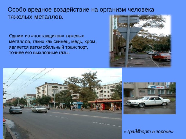 Особо вредное воздействие на организм человека тяжелых металлов. Одним из «поставщиков» тяжелых металлов, таких как свинец, медь, хром, является автомобильный транспорт, точнее его выхлопные газы. «Транспорт в городе» 