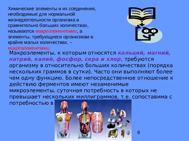 Химические элементы и их соединения, необходимые для нормальной жизнедеятельности организма в сравнительно больших количествах, называются макроэлементами , а элементы, требующиеся организмам в крайне малых количествах, –  микроэлементами . Макроэлементы, к которым относятся кальций, магний, натрий, калий, фосфор, сера и хлор , требуются организму в относительно больших количествах (порядка нескольких граммов в сутки). Часто они выполняют более чем одну функцию. Более непосредственное отношение к действию ферментов имеют незаменимые микроэлементы, суточная потребность в которых не превышает нескольких миллиграммов, т.е. сопоставима с потребностью в витаминах. 