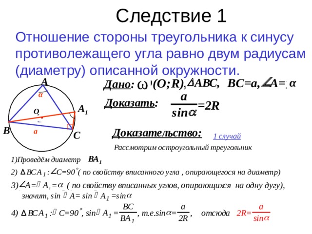 Следствие 1 Отношение стороны треугольника к синусу противолежащего угла равно двум радиусам (диаметру) описанной окружности. ω А α α А 1 О В а С 1 случай ВА 1 