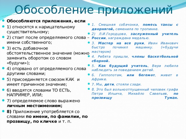 Обособление приложений 1. Смешная собачонка, помесь таксы с дворнягой, семенила по тропинке. 2) Л.И.Городцова, заслуженный учитель России , награждена медалью. 3. Мастер на все руки , Иван Иванович быстро починил машинку. (=будучи мастером) 4. Ребята пришли, члены баскетбольной сборной. 5. Как будущий учитель , Вера любила наблюдать за поведением детей. 6. Гиппопотам, или бегемот , живет в Африке. 7. Мы, дети , стояли сзади. 8. Это был вольноотпущенный человек графа Петра Ильича, Михайло Савельев, по прозвищу Туман.   Обособляются приложения, если 1) относятся к нарицательному существительному; 2) стоит после определяемого слова – имени собственного; 3) есть добавочное обстоятельственное значение (можно заменить оборотом со словом «будучи»); 4) оторвано от определяемого слова другими словами; 5) присоединяется союзом КАК и имеет причинное значение; 6) вводятся словами ТО ЕСТЬ, НАПРИМЕР, ИЛИ; 7) определяемое слово выражено личным местоимением; 8) Приложение употребляется со словами по имени, по фамилии, по прозвищу, по кличке и т. п.     