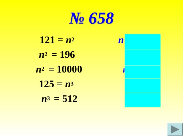 № 658  121 = п 2 п = 11   п 2   = 196 п = 14  п 2   = 10000 п = 100  125 = п 3    п = 5  п 3   = 512 п = 8   