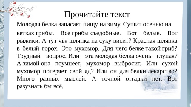Прочитайте текст Молодая белка запасает пищу на зиму. Сушит осенью на  ветках грибы. Все грибы съедобные. Вот белые. Вот рыжики. А тут чья шляпка на суку висит? Красная шляпка в белый горох. Это мухомор. Для чего белке такой гриб? Трудный вопрос. Или эта молодая белка очень глупая? А зимой она поумнеет, мухомор выбросит. Или сухой мухомор потеряет свой яд? Или он для белки лекарство? Много разных мыслей. А точной отгадки нет. Вот разузнать бы всё. 