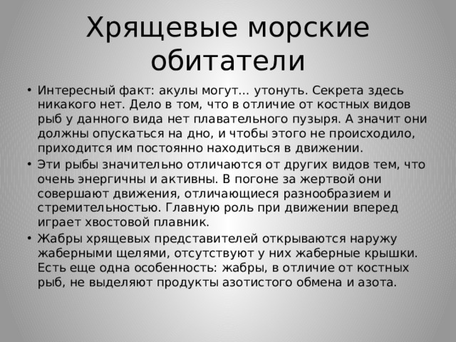 Хрящевые морские обитатели Интересный факт: акулы могут… утонуть. Секрета здесь никакого нет. Дело в том, что в отличие от костных видов рыб у данного вида нет плавательного пузыря. А значит они должны опускаться на дно, и чтобы этого не происходило, приходится им постоянно находиться в движении. Эти рыбы значительно отличаются от других видов тем, что очень энергичны и активны. В погоне за жертвой они совершают движения, отличающиеся разнообразием и стремительностью. Главную роль при движении вперед играет хвостовой плавник. Жабры хрящевых представителей открываются наружу жаберными щелями, отсутствуют у них жаберные крышки. Есть еще одна особенность: жабры, в отличие от костных рыб, не выделяют продукты азотистого обмена и азота. 