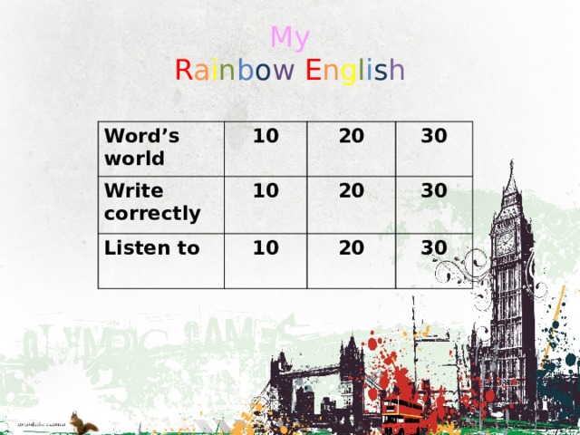 My  R a i n b o w  E n g l i s h Word’s world 10 Write correctly 10 20 Listen to 30 20 10 30 20 30 