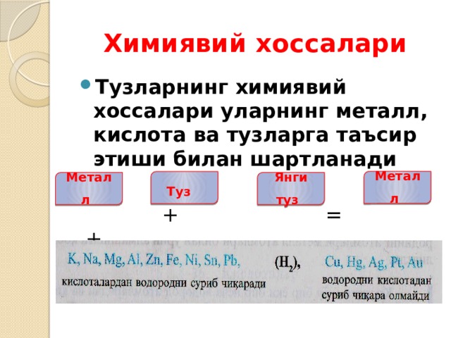 Химиявий хоссалари Тузларнинг химиявий хоссалари уларнинг металл, кислота ва тузларга таъсир этиши билан шартланади  + = + Zn + Hg(NO) 3 = Zn(NO) 3 + Hg Металл  Туз  Металл  Янги туз  