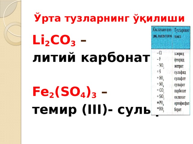 Ўрта тузларнинг ўқилиши Li 2 CO 3 – литий карбонат  Fe 2 (SO 4 ) 3  – темир (III)- сульфат 