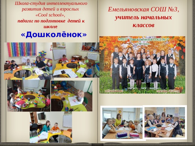 Школа-студия интеллектуального развития детей и взрослых  «Cool school»,  педагог по подготовке детей к шк оле Емельяновская СОШ №3,  учитель начальных классов «Дошколёнок» 