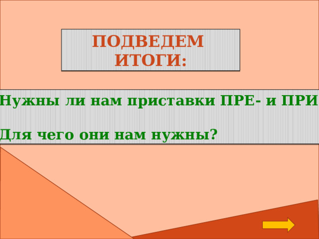 Подведем итоги: Нужны ли нам приставки ПРЕ- и ПРИ-?  Для чего они нам нужны? 