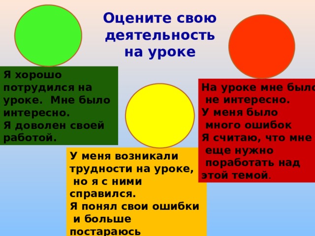 Оцените свою деятельность на уроке Я хорошо потрудился на уроке. Мне было интересно. Я доволен своей работой. На уроке мне было  не интересно. У меня было  много ошибок Я считаю, что мне  еще нужно  поработать над этой темой . У меня возникали трудности на уроке,  но я c ними справился. Я понял свои ошибки  и больше постараюсь  не допускать их. 