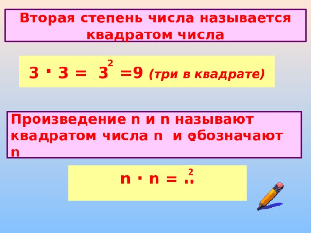 Вторая степень числа называется квадратом числа 3 · 3 = 3 =9 (три в квадрате) 2 Произведение n и n называют квадратом числа n и обозначают n 2 n · n = n 2 