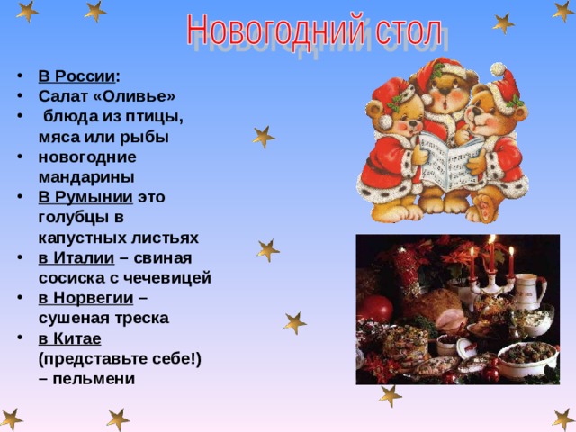 В России : Салат «Оливье»  блюда из птицы, мяса или рыбы новогодние мандарины В Румынии это голубцы в капустных листьях в Италии – свиная сосиска с чечевицей в Норвегии – сушеная треска в Китае (представьте себе!) – пельмени  