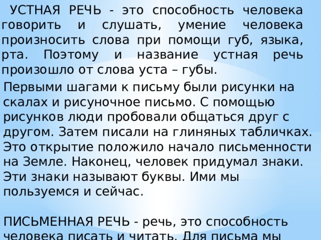  УСТНАЯ РЕЧЬ - это способность человека говорить и слушать, умение человека произносить слова при помощи губ, языка, рта. Поэтому и название устная речь произошло от слова уста – губы. Первыми шагами к письму были рисунки на скалах и рисуночное письмо. С помощью рисунков люди пробовали общаться друг с другом. Затем писали на глиняных табличках. Это открытие положило начало письменности на Земле. Наконец, человек придумал знаки. Эти знаки называют буквы. Ими мы пользуемся и сейчас. ПИСЬМЕННАЯ РЕЧЬ - речь, это способность человека писать и читать. Для письма мы используем буквы, разные знаки. 