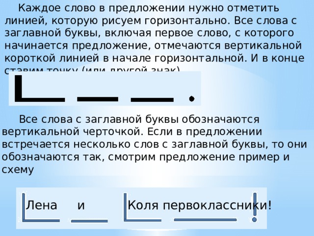  Каждое слово в предложении нужно отметить линией, которую рисуем горизонтально. Все слова с заглавной буквы, включая первое слово, с которого начинается предложение, отмечаются вертикальной короткой линией в начале горизонтальной. И в конце ставим точку (или другой знак).  Все слова с заглавной буквы обозначаются вертикальной черточкой. Если в предложении встречается несколько слов с заглавной буквы, то они обозначаются так, смотрим предложение пример и схему Лена и Коля первоклассники! 