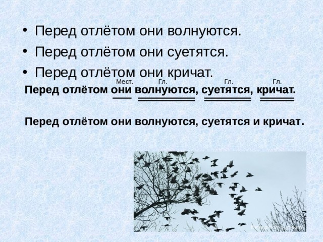 Перед отлётом они волнуются. Перед отлётом они суетятся. Перед отлётом они кричат. Мест. Гл. Гл. Гл. Перед отлётом они волнуются, суетятся,  кричат. Перед отлётом они волнуются, суетятся,  кричат. Перед отлётом они волнуются, суетятся и кричат . 