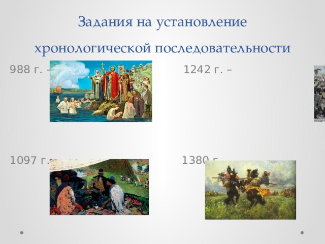 Задания на установление хронологической последовательности 988 г. – 1242 г. – 1097 г. - 1380 г. - 