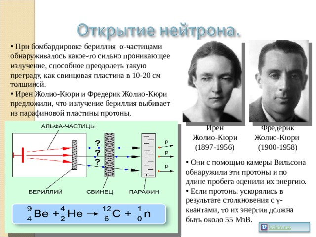  При бомбардировке бериллия α -частицами обнаруживалось какое-то сильно проникающее излучение, способное преодолеть такую преграду, как свинцовая пластина в 10-20 см толщиной.  Ирен Жолио-Кюри и Фредерик Жолио-Кюри предложили, что излучение бериллия выбивает из парафиновой пластины протоны.  Ирен Жолио-Кюри (1897-1956) Фредерик Жолио-Кюри (1900-1958)  Они с помощью камеры Вильсона обнаружили эти протоны и по длине пробега оценили их энергию.  Если протоны ускорялись в результате столкновения с γ -квантами, то их энергия должна быть около 55 МэВ. 