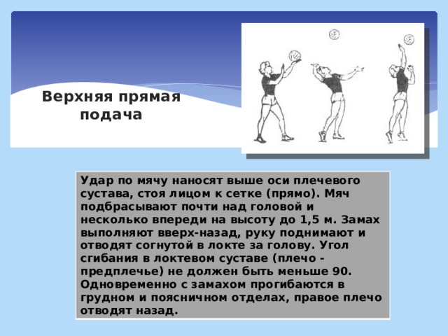 Верхняя прямая подача Удар по мячу наносят выше оси плечевого сустава, стоя лицом к сетке (прямо). Мяч подбрасывают почти над головой и несколько впереди на высоту до 1,5 м. Замах выполняют вверх-назад, руку поднимают и отводят согнутой в локте за голову. Угол сгибания в локтевом суставе (плечо - предплечье) не должен быть меньше 90. Одновременно с замахом прогибаются в грудном и поясничном отделах, правое плечо отводят назад. 