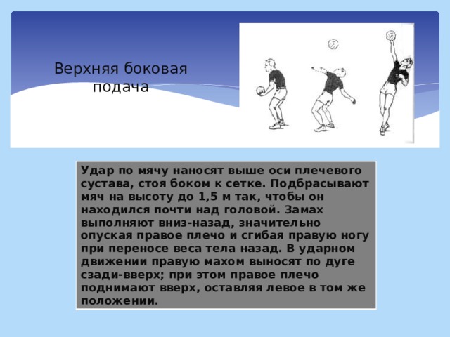 Верхняя боковая подача Удар по мячу наносят выше оси плечевого сустава, стоя боком к сетке. Подбрасывают мяч на высоту до 1,5 м так, чтобы он находился почти над головой. Замах выполняют вниз-назад, значительно опуская правое плечо и сгибая правую ногу при переносе веса тела назад. В ударном движении правую махом выносят по дуге сзади-вверх; при этом правое плечо поднимают вверх, оставляя левое в том же положении. 