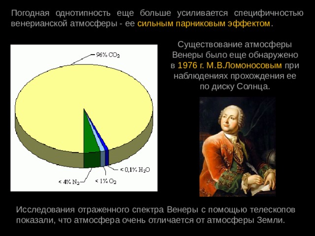 Погодная однотипность еще больше усиливается специфичностью венерианской атмосферы - ее сильным парниковым эффектом . Существование атмосферы Венеры было еще обнаружено в 1976 г. М.В.Ломоносовым при наблюдениях прохождения ее по диску Солнца. Исследования отраженного спектра Венеры с помощью телескопов показали, что атмосфера очень отличается от атмосферы Земли.  