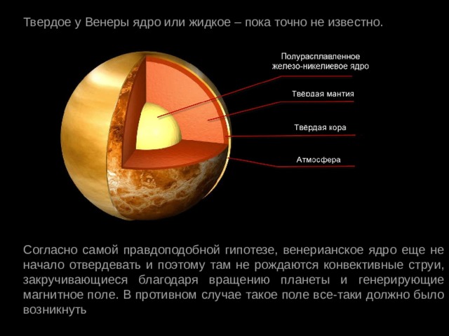 Твердое у Венеры ядро или жидкое – пока точно не известно. Согласно самой правдоподобной гипотезе, венерианское ядро еще не начало отвердевать и поэтому там не рождаются конвективные струи, закручивающиеся благодаря вращению планеты и генерирующие магнитное поле. В противном случае такое поле все-таки должно было возникнуть 