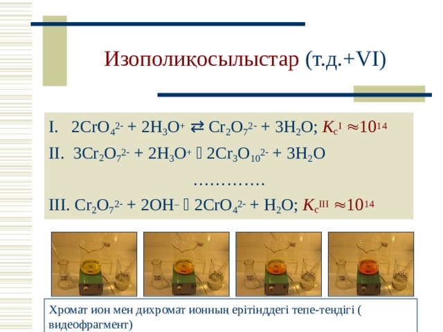 Изополиқосылыстар (т.д.+ VI )  2CrO 4 2  + 2H 3 O +   Cr 2 O 7 2  + 3H 2 O; K c I   10 14  3Cr 2 O 7 2  + 2H 3 O +   2Cr 3 O 10 2  + 3H 2 O ………… .  Cr 2 O 7 2  + 2OH –   2CrO 4 2  + H 2 O; K c III   10 14 Хромат ион мен дихромат ионның ерітінддегі тепе -теңдігі ( видеофрагмент) 