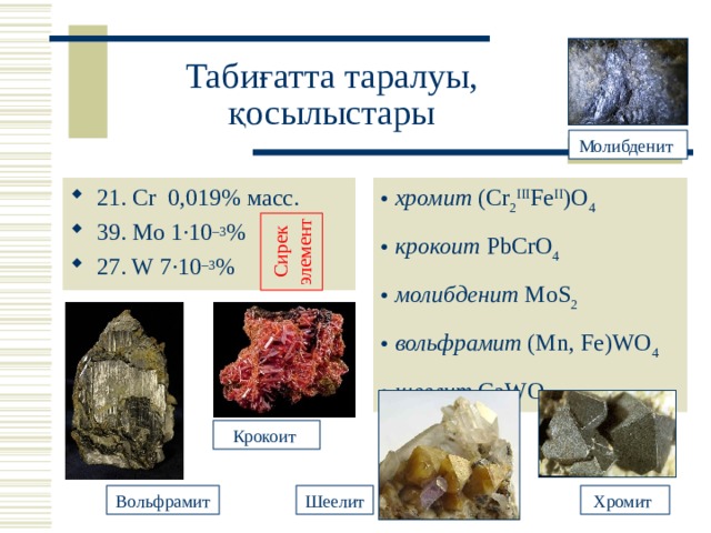 Сирек элемент Табиғатта таралуы, қосылыстары Молибденит хромит (Cr 2 III Fe II )O 4  крокоит PbCrO 4 молибденит MoS 2 вольфрамит (Mn, Fe)WO 4  шеелит CaWO 4  21 . Cr 0,019% масс . 39. Mo 1·10 –3 % 27. W  7·10 –3 % Крокоит Хромит Вольфрамит Шеелит 