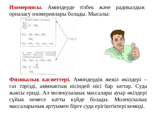 Изомериясы.  Аминдерде тізбек және радикалдың орналасу изомериялары болады. Мысалы: Физикалық қасиеттері. Аминдердің жеңіл өкілдері – газ тәрізді, аммиактың иісіндей иісі бар заттар. Суда жақсы ериді. Ал молекулалаық массалары ауыр өкілдері сұйық немесе қатты күйде болады. Молекулалық массаларының артуымен бірге суда ерігіштіктері кемиді. 