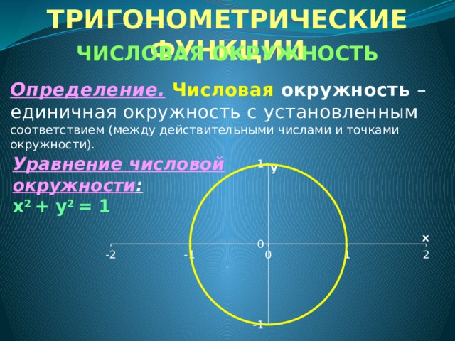 ТРИГОНОМЕТРИЧЕСКИЕ ФУНКЦИИ       ЧИСЛОВАЯ ОКРУЖНОСТЬ Определение.  Числовая окружность – единичная окружность с установленным соответствием (между действительными числами и точками окружности). Уравнение числовой окружности :   x 2 + y 2 = 1  
