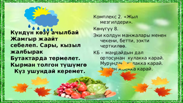 Комплекс 2. «Жыл мезгилдери». Көнүгүү  8 . Эки колдун манжалары менен чекени, бетти, ээкти черткилөө. КБ - маңдайдын дал ортосунан кулакка карай. Мурундан кулакка карай. Ээктен жаакка карай. Күндүн көзү ачылбай Жамгыр жаайт себелеп. Сары, кызыл жалбырак Бутактарда термелет. Кырман толгон түшүмгө Күз ушундай керемет.  
