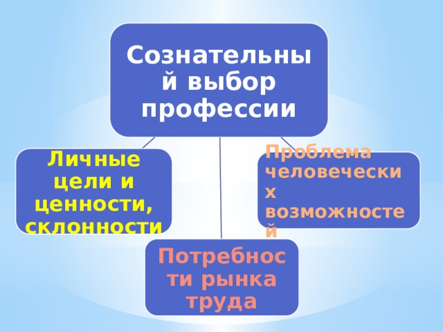 Сознательный выбор профессии Личные цели и ценности, склонности Проблема человеческих возможностей Потребности рынка труда 