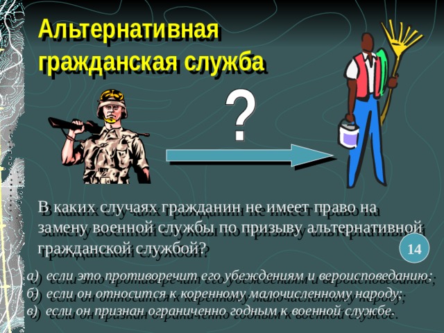 Альтернативная гражданская служба В каких случаях гражданин не имеет право на замену военной службы по призыву альтернативной гражданской службой? 14 а) если это противоречит его убеждениям и вероисповеданию; б) если он относится к коренному малочисленному народу; в) если он признан ограниченно годным к военной службе.  