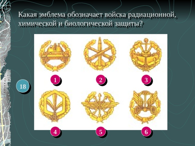 Какая эмблема обозначает войска радиационной, химической и биологической защиты? 1 2 3 18 4 5 6 