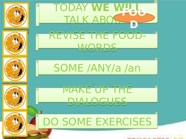 TODAY WE WILL TALK ABOUT FOOD REVISE THE FOOD-WORDS SOME /ANY/a /an MAKE UP THE DIALOGUES DO SOME EXERCISES 