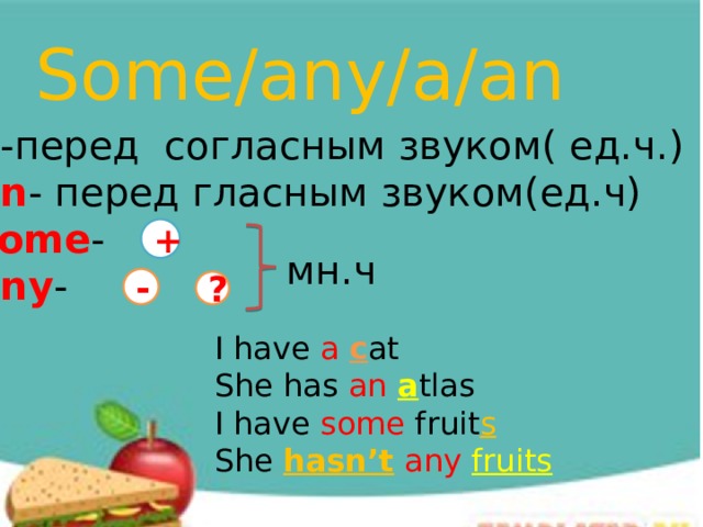 Some/any/a/an  a -перед согласным звуком( ед.ч.)  an - перед гласным звуком(ед.ч)  some -  any - + мн.ч - ? I have a  c at She has an  a tlas I have some fruit s She hasn’t  any  fruits 