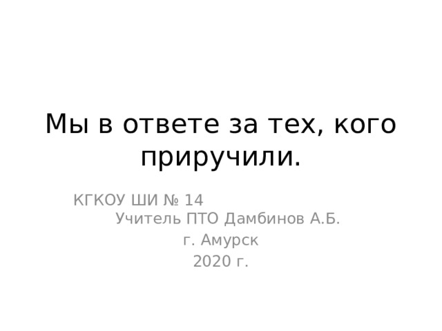 Мы в ответе за тех, кого приручили. КГКОУ ШИ № 14 Учитель ПТО Дамбинов А.Б. г. Амурск 2020 г. 