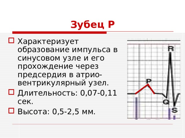 Зубец Р Характеризует образование импульса в синусовом узле и его прохождение через предсердия в атрио-вентрикулярный узел. Длительность: 0,07-0,11 сек. Высота: 0,5-2,5 мм.  