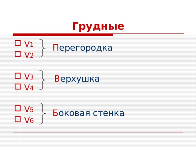 Грудные V 1  V 2  V 3  V 4  V 5  V 6  П ерегородка В ерхушка Б оковая стенка 