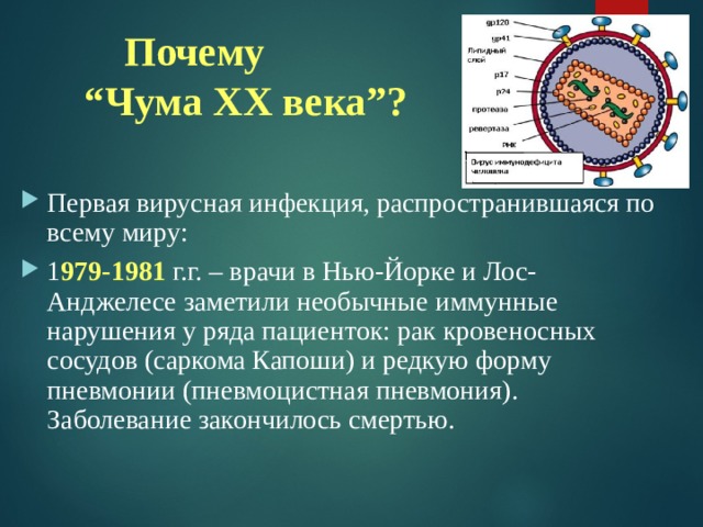 Почему  “Чума XX века”? Первая вирусная инфекция, распространившаяся по всему миру: 1 979-1981 г.г. – врачи в Нью-Йорке и Лос-Анджелесе заметили необычные иммунные нарушения у ряда пациенток: рак кровеносных сосудов (саркома Капоши) и редкую форму пневмонии (пневмоцистная пневмония). Заболевание закончилось смертью. 