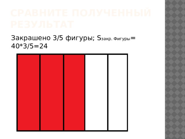 Сравните полученный результат Закрашено 3/5 фигуры; S закр. Фигуры = 40*3/5=24 