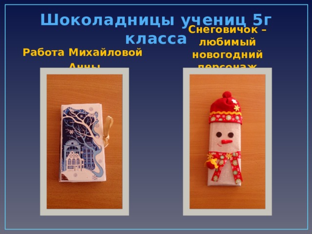 Шоколадницы учениц 5г класса Работа Михайловой Снеговичок – любимый новогодний персонаж Анны 