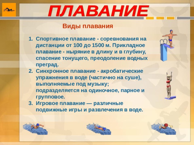 Виды плавания  Спортивное плавание - соревнования на дистанции от 100 до 1500 м. Прикладное плавание - ныряние в длину и в глубину, спасение тонущего, преодоление водных преград. Синхронное плавание - акробатические упражнения в воде (частично на суше), выполняемые под музыку; подразделяется на одиночное, парное и групповое. Игровое плавание — различные подвижные игры и развлечения в воде. 