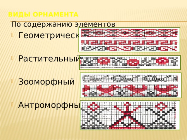 Виды орнамента   По содержанию элементов Геометрический Растительный Зооморфный Антроморфный 