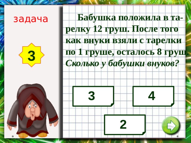  Бабушка положила в та-релку 12 груш. После того как внуки взяли с тарелки по 1 груше, осталось 8 груш. Сколько у бабушки внуков? задача 3 3 4 2 