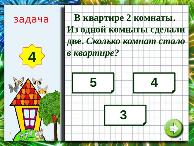  В квартире 2 комнаты. Из одной комнаты сделали две. Сколько комнат стало в квартире? задача 4 5 4 3 