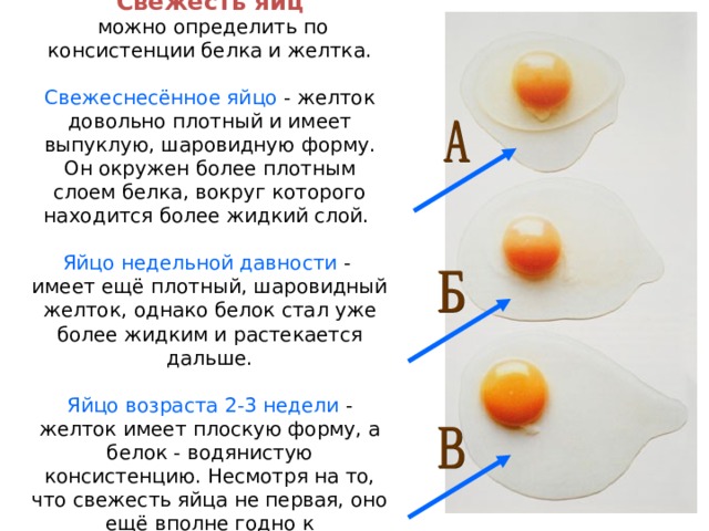 Свежесть яиц  можно определить по консистенции белка и желтка. Свежеснесённое яйцо - желток довольно плотный и имеет выпуклую, шаровидную форму. Он окружен более плотным слоем белка, вокруг которого находится более жидкий слой. Яйцо недельной давности - имеет ещё плотный, шаровидный желток, однако белок стал уже более жидким и растекается дальше. Яйцо возраста 2-3 недели - желток имеет плоскую форму, а белок - водянистую консистенцию. Несмотря на то, что свежесть яйца не первая, оно ещё вполне годно к употреблению. 