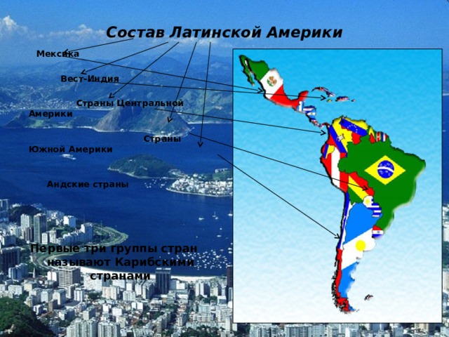 Состав Латинской Америки  Мексика   Вест-Индия   Страны Центральной Америки   Страны Южной Америки   Андские страны Первые три группы стран называют Карибскими странами 