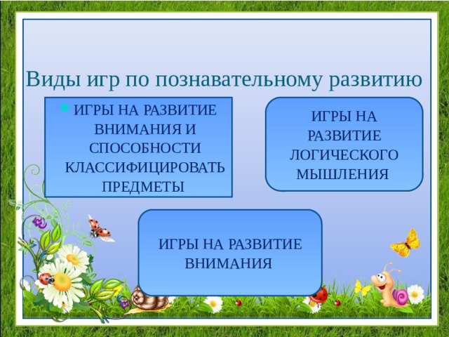 Виды игр по познавательному развитию ИГРЫ НА РАЗВИТИЕ ЛОГИЧЕСКОГО МЫШЛЕНИЯ ИГРЫ НА РАЗВИТИЕ ВНИМАНИЯ И СПОСОБНОСТИ КЛАССИФИЦИРОВАТЬ ПРЕДМЕТЫ ИГРЫ НА РАЗВИТИЕ ВНИМАНИЯ 