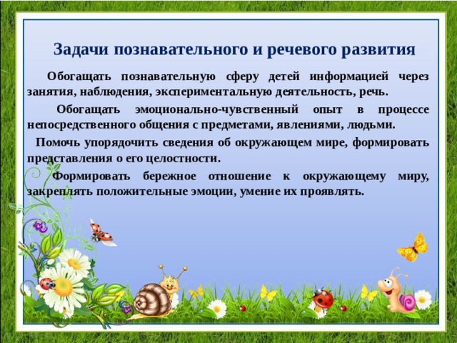 Задачи познавательного и речевого развития  Обогащать познавательную сферу детей информацией через занятия, наблюдения, экспериментальную деятельность, речь.  Обогащать эмоционально-чувственный опыт в процессе непосредственного общения с предметами, явлениями, людьми.  Помочь упорядочить сведения об окружающем мире, формировать представления о его целостности.  Формировать бережное отношение к окружающему миру, закреплять положительные эмоции, умение их проявлять.  