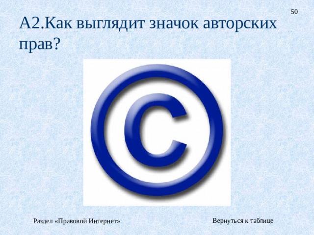 50 А2.Как выглядит значок авторских прав? Вернуться к таблице Раздел «Правовой Интернет» 